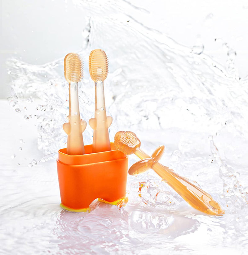 FOKiiBO Baby Silicone Toothbrush Set, Tongue Brush + Finger Toothbrush with Cup for Training Teething, 0-18M Infant Toddler Newborn Baby Teeth Brushes Green1