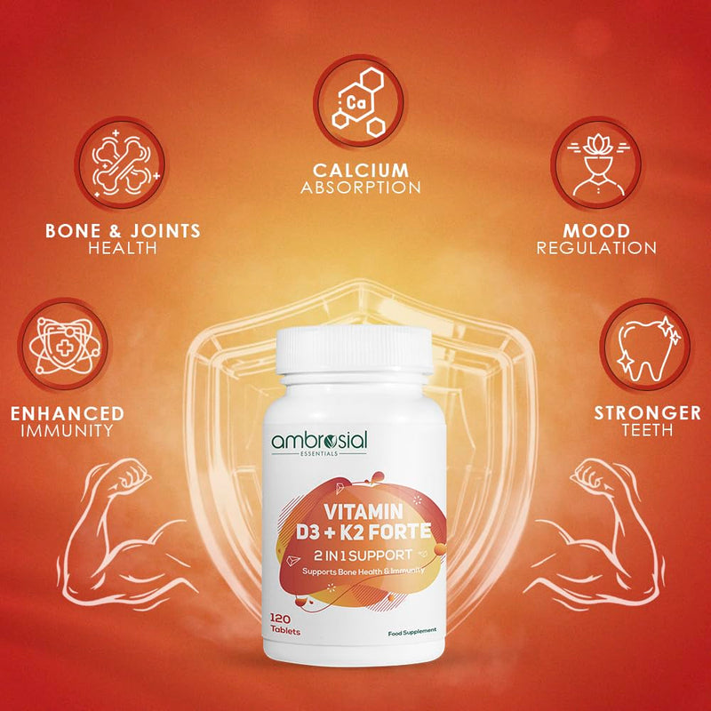 Ambrosial Vitamin D3 K2 Forte | Vitamin D3 (600 IU) with MK-7 Vitamin K2 | High Absorption Daily Supplement | Plant-Based Formula | 120 Tablets