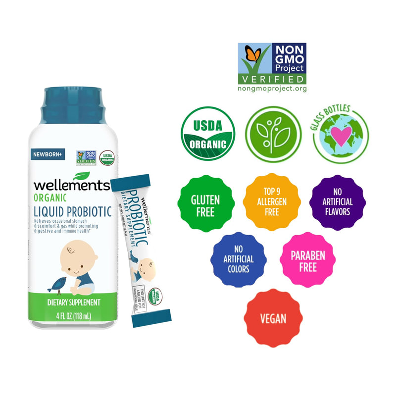 Wellements Certified USDA Organic Liquid Probiotic 4 Fl Oz, Gripe Water & Probiotics for Infant Digestion & Immune Health, Relief for Gas, Colic & Hiccups, Free from Dyes, Parabens, Preservatives