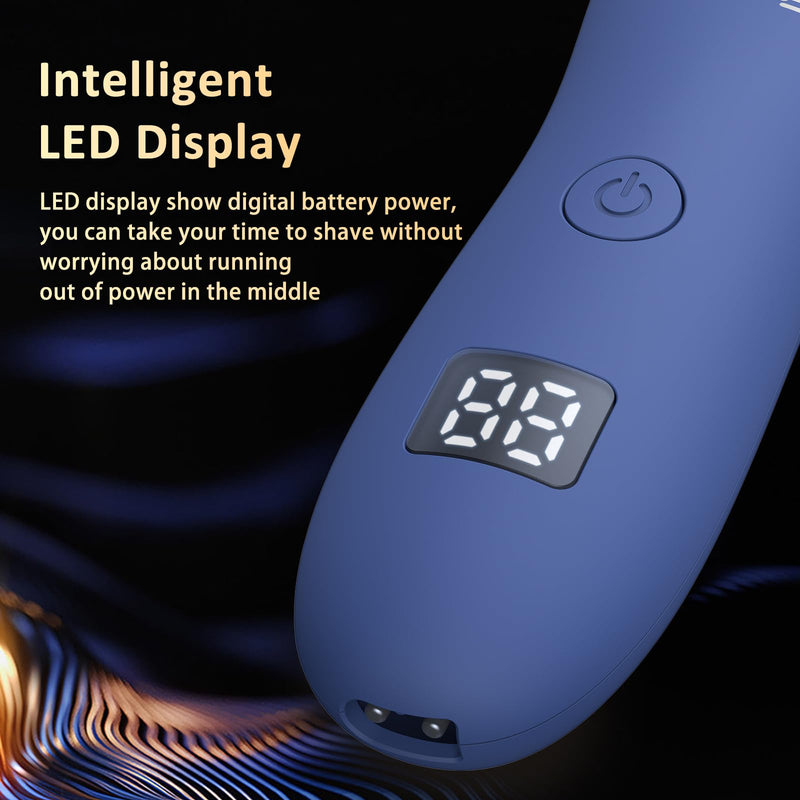 [Australia] - Body Hair Trimmer for Men with Light, IPX7 Waterproof Ball Pubic Groin Hair Trimmer for Man with Ceramic Blade, Rechargeable Body Groomer for Men with Charing Dock,LED Display,Blue Blue 