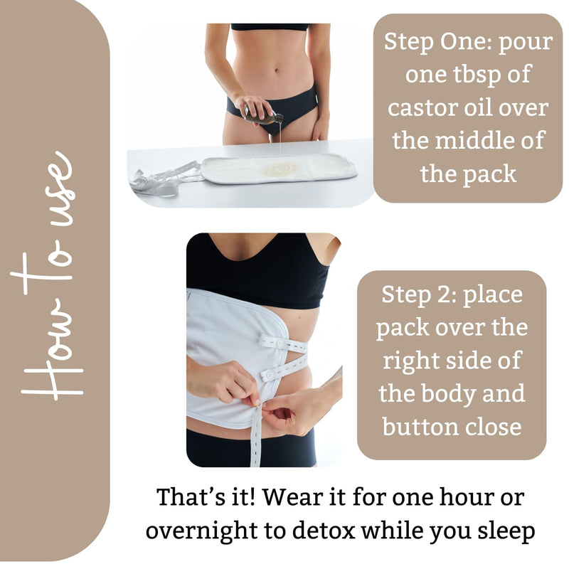 Double Layered Organic Cotton Castor Oil Pack for Liver- heatless, Less-Mess, Reusable- Easy Button Closure with 3 Stretchy Straps for Optimal Comfort, Designed for All Shapes and Sizes.