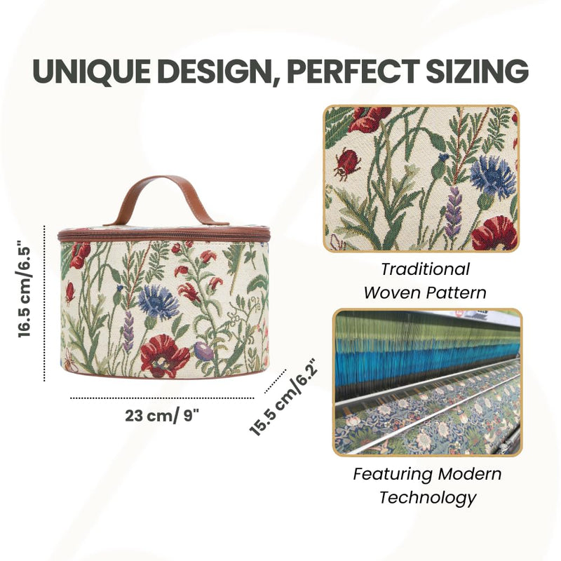Signare Tapestry Toiletry Bag Makeup Organizer bag for Women with Sunflower Poppy Butterfly Dragonfly Morning Garden Design (TOIL-MGD)