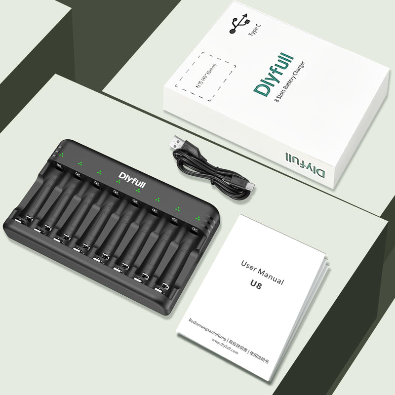 [Australia] - Dlyfull 8 Bay AA AAA Battery Charger with USB-C High-Speed Charging, Independent Slot for 1.2V Ni-MH Ni-CD Rechargeable Batteries, Cable Included 