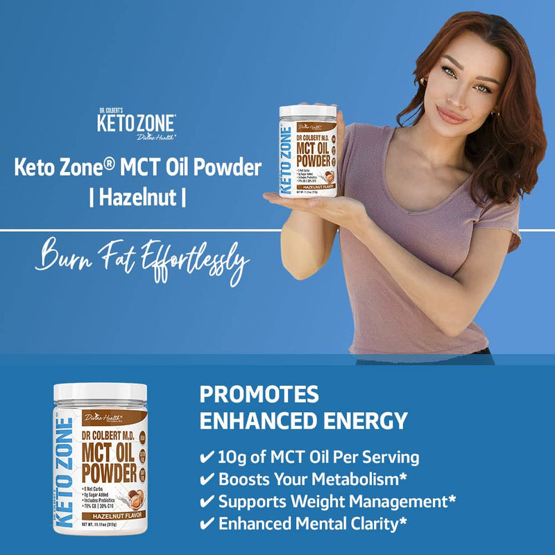[Australia] - Dr. Colbert MD MCT Oil Powder | Hazelnut Flavor | by Divine Health | Recommended in The Keto Zone Diet book | 70% C8 | 30% C10 | 0 Net Carbs | Alternative to Coffee Creamer | 315g 