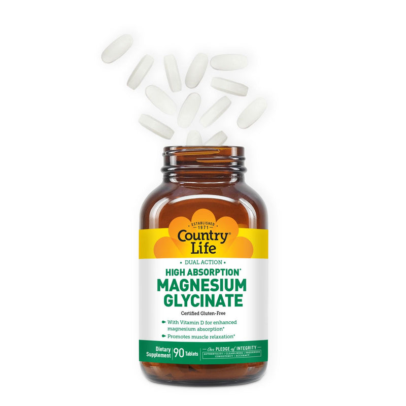 Country Life Magnesium Glycinate 350 mg with Vitamin D3, 90 Tablets | 350 mg magnesium bisglycinate plus 1,000 IU vitamin D3 per serving for enhanced magnesium absorption and muscle relaxation