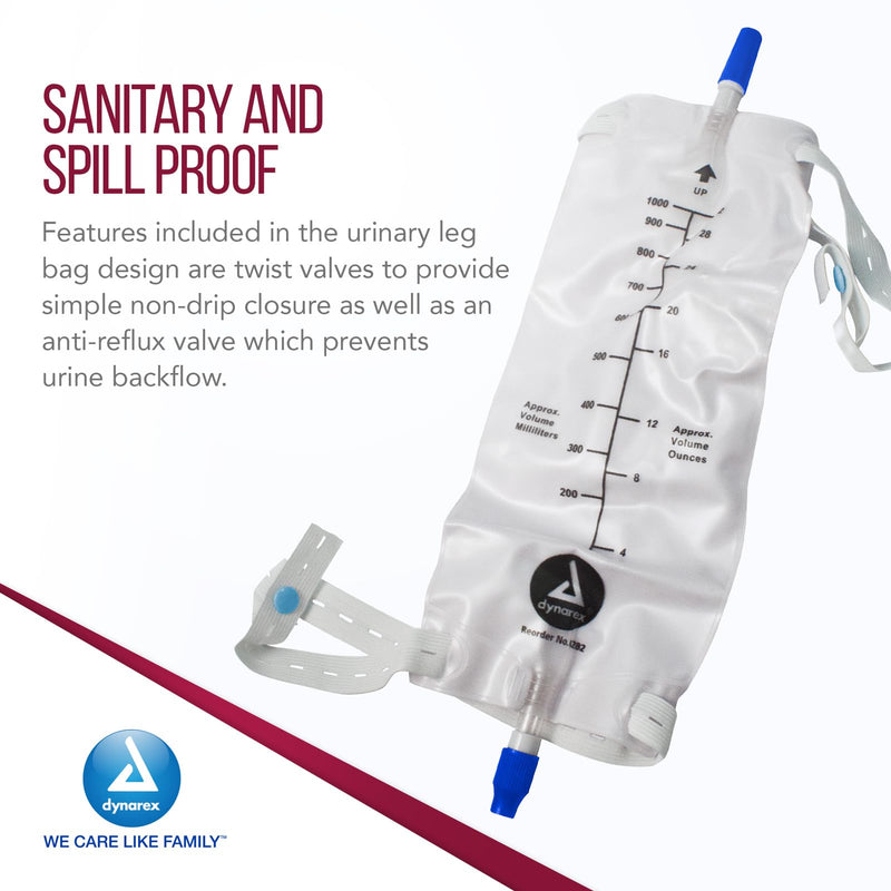 [Australia] - Dynarex Urinary Leg Bag, For Use with a Catheter, Has a Non-Drip Closure and Anti-Reflux Valve, Includes Easy-to-Use Straps, 1000 ml/20 oz Capacity, Medium, White, 1 Box of 12 Dynarex Urinary Leg Bags 