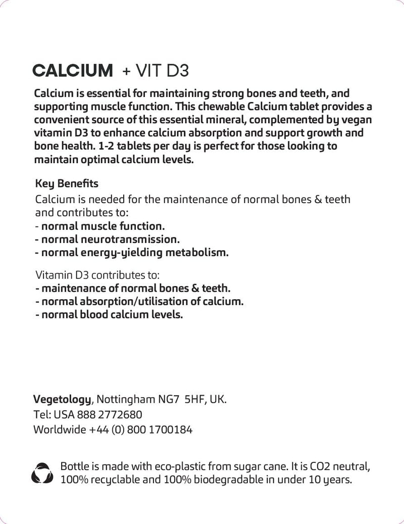 Vegetology Calcium Tablets and Vitamin D3, Chewable Vegan Supplement, Helps Maintain Strong Bones and Support Muscle Function, 60 Count, Age 11+
