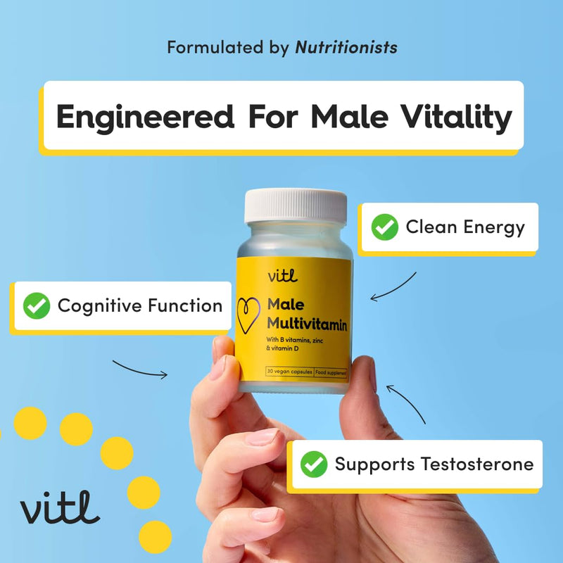 Vitl Male Multivitamin & Minerals Supplement - 30 Vegan Capsules - 20 Essential Nutrients Including B Vitamins, Zinc, Vitamin D & Plant Extracts - Support Overall Male Wellbeing - 1 Month Supply
