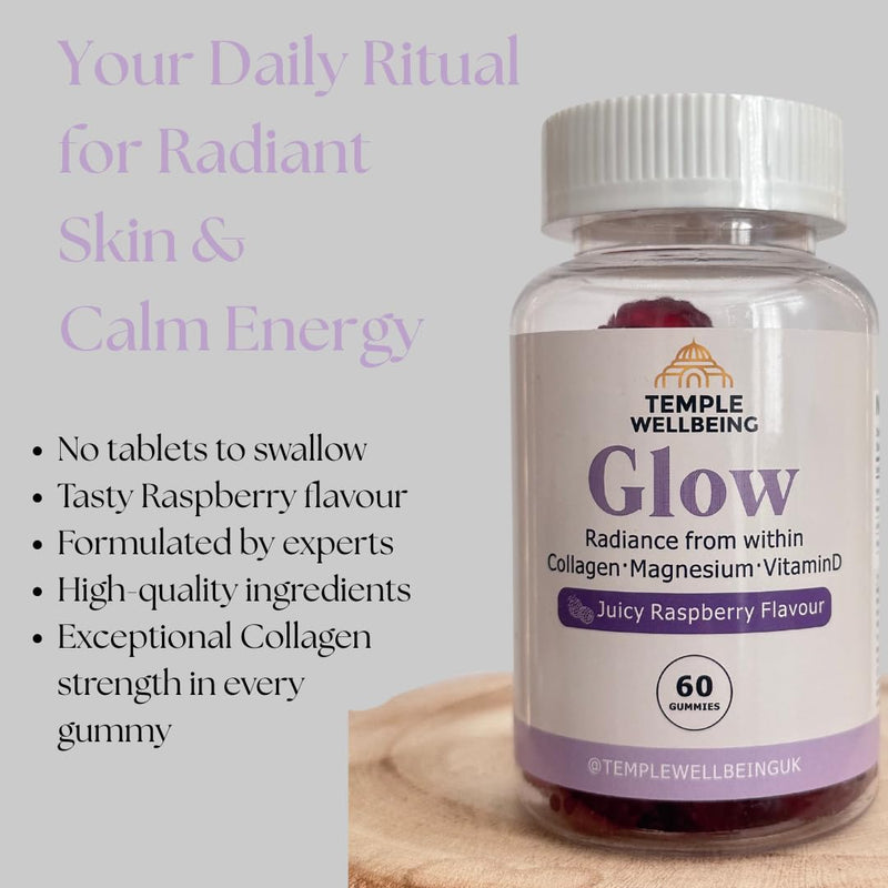 Glow Collagen Gummies | High-Strength Type 1 Hydrolysed Collagen with Magnesium & Vitamin D | Skin, Hair & Nail Support | Delicious Juicy Raspberry Flavour | 60 Chewable Gummies