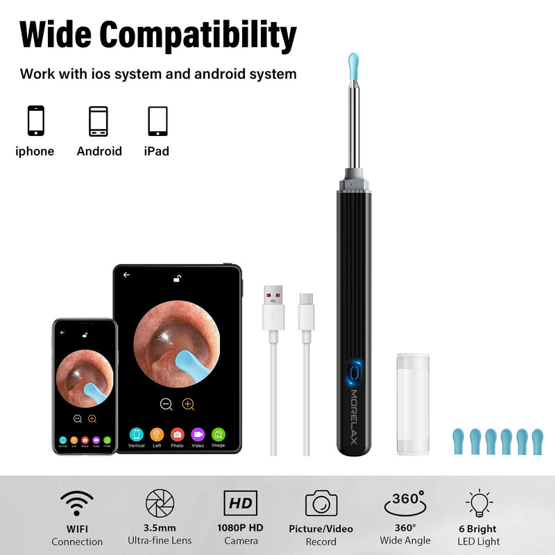 [Australia] - Earwax Remover Otoscope, 1080P Ear Cleaner with Camera, WiFi Ear Cleaner with Camera, IP67 Waterproof Ear Endoscope Ear Camera with 6 LEDs - Otoscope Ear, for iPhone, Android, iPad, Black 