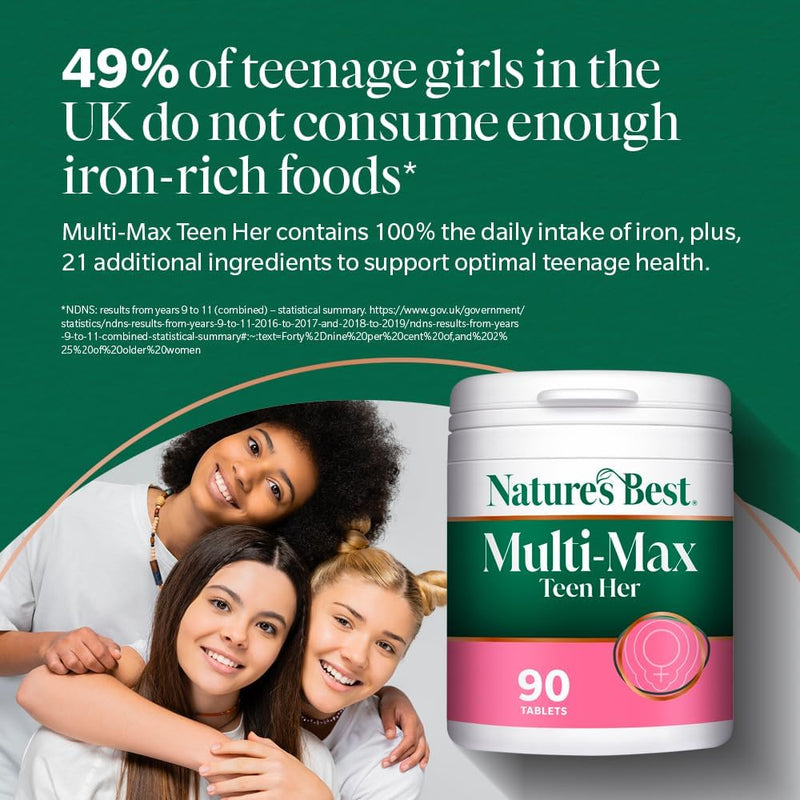 Nature's Best Multi-Max Multivitamin for Teen Her - Growth & Development Support for Girls 13-19 - with Iron, Vitamin B6 & Vitamin C - UK Made - 90 Tablets (3 Months' Supply)