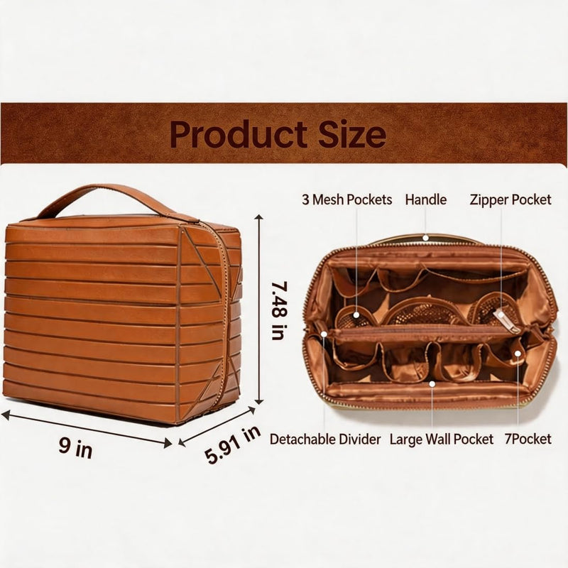 Travel Makeup Bag for Women - Large Capacity Waterproof Cosmetic Organizer with Fold Down & Pull Open Design, Toiletry Bag (Brown)