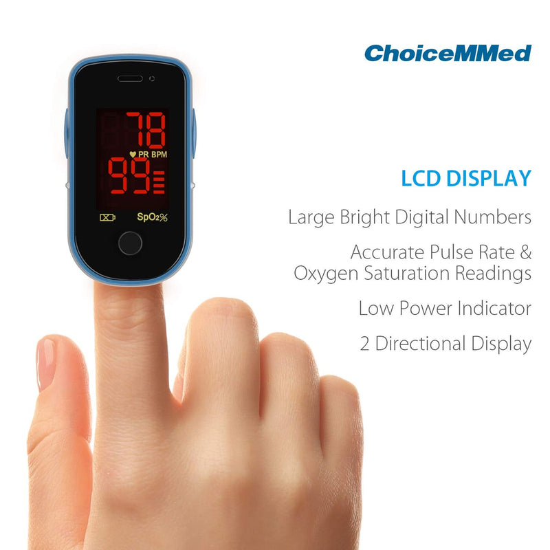 CHOICEMMED Finger Pulse Oximeter - Blue Blood Oxygen Monitor with Batteries - Portable O2 Saturation Sensor in Carry Pouch