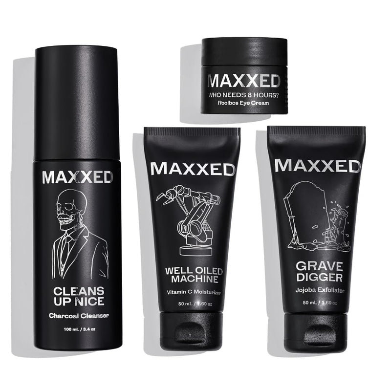 MAXXED Men's Skincare Set - Travel Skincare Set with Under Eye Cream, Charcoal Face Wash, Jojoba Face Scrub and Vitamin C Moisturizer - 4 in 1 Men's Skin Care Kit for Hydration and Pore Cleansing