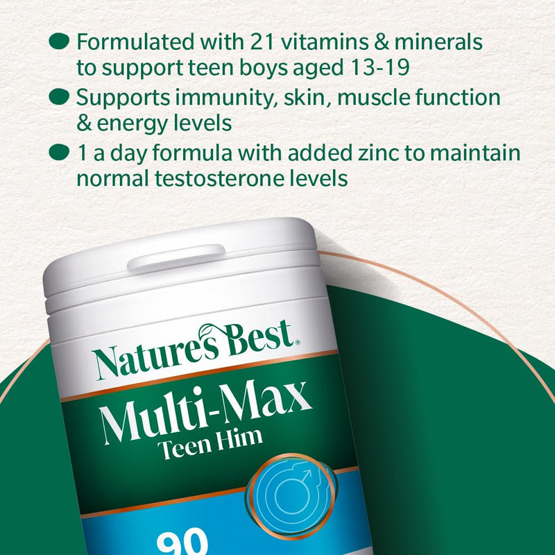 Nature's Best Multi-Max Multivitamin for Teen Him - with Vitamin C, Selenium and Magneisum - Growth & Development Support for Boys 13-19 - UK Made - 90 Tablets (3 Months' Supply)