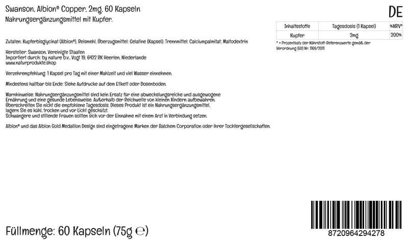 [Australia] - Swanson, Albion Copper, 2mg copper, copper bisglycinate, 60 capsules, high dosage, laboratory tested, soy-free, gluten-free, non-GMO 