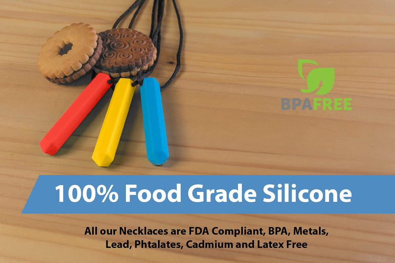 [Australia] - Tilcare Chew Chew Pencil Sensory Necklace 3 Set - Best for Kids or Adults That Like Biting or Have Autism – Perfectly Textured Silicone Chewy Toys - Chewing Pendant for Boys & Girls - Chew Necklaces light blue/red/yellow 