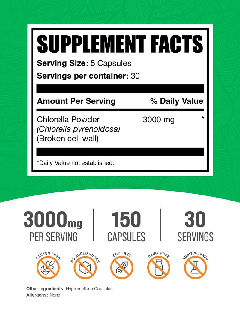 BulkSupplements.com Chlorella Capsules - Broken Cell Wall, Chlorella Supplement - Superfood Supplement, Vegan & Gluten Free, 5 Capsules per Serving, 150 Count (Pack of 1)