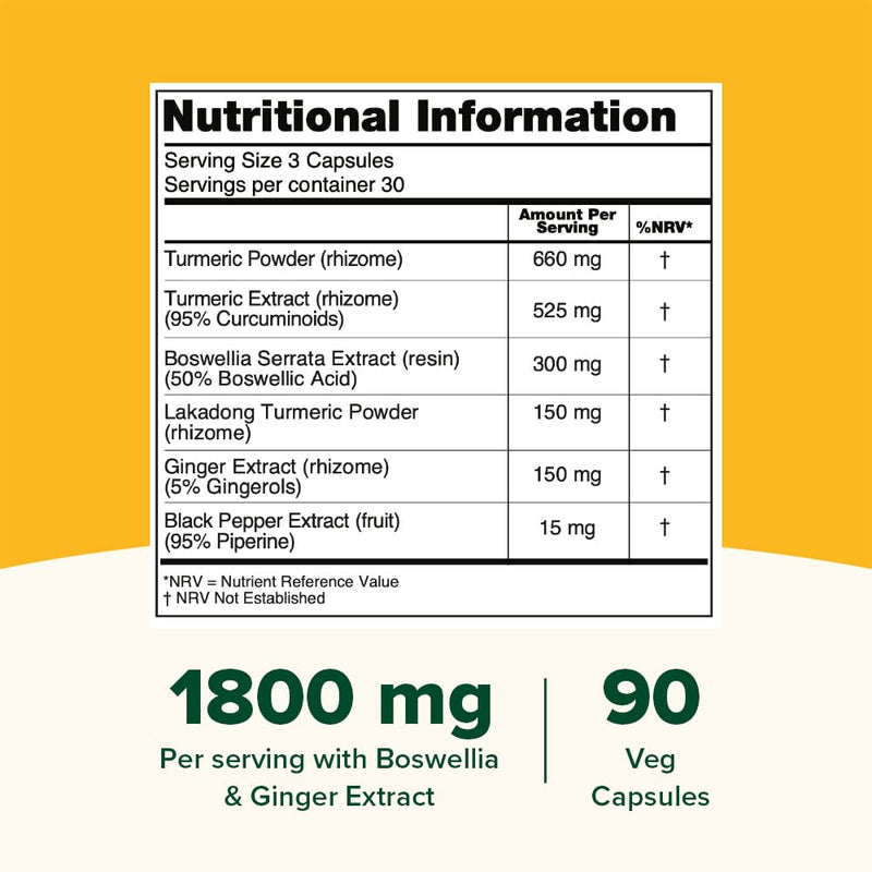 VAHDAM Turmeric Curcumin Supplement 1800mg (500mg Curcuminoids) with Boswellia & Piperine | 90 Capsules