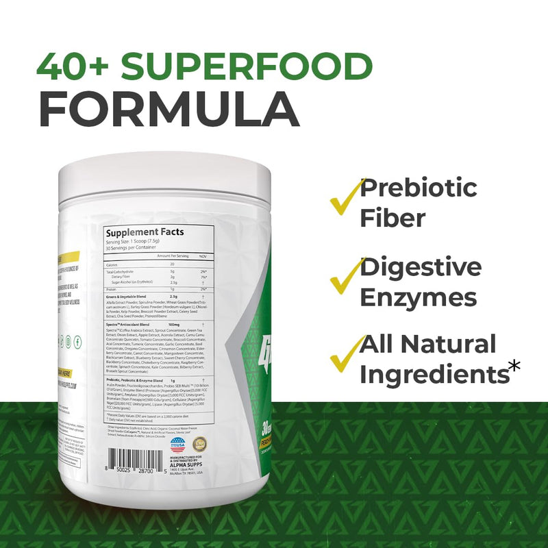 Alpha Supps - Alpha Greens Supplement | Fruit & Vegetable Superfood Powder | Over 40 Natural Plant Based Ingredients | Prebiotic & Probiotic Digestive Support Blend - 30 Servings (Orange Cherry) Orange Cherry