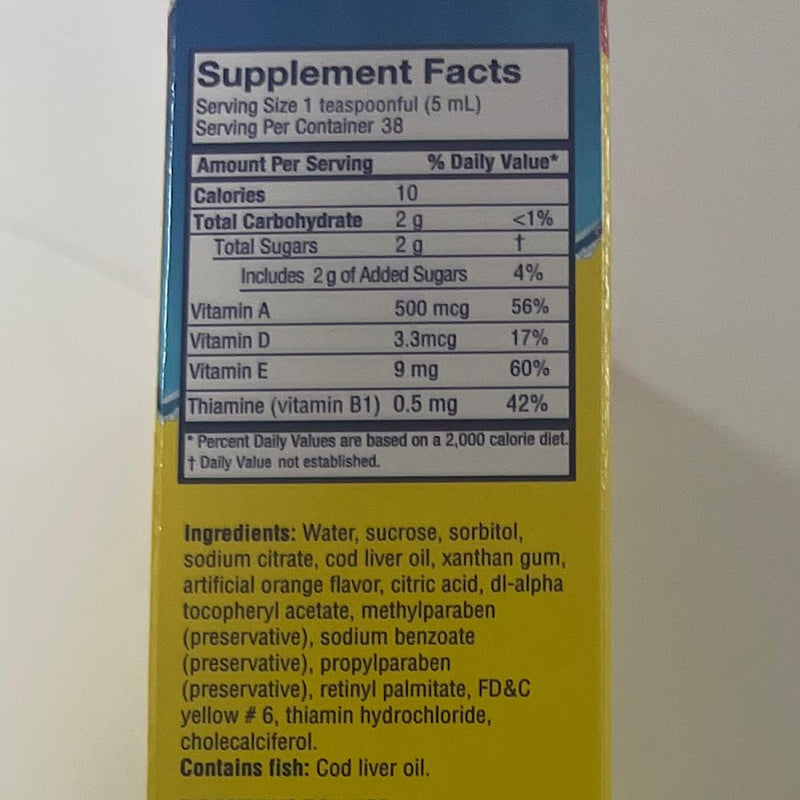 Ballena Azul Aceite de Hígado de Bacalao para Adultos y Niños, COD Liver Oil for Adults and Children, Good Source of Vitamins A,D,E, B1, Omega 3, Orange Flavor