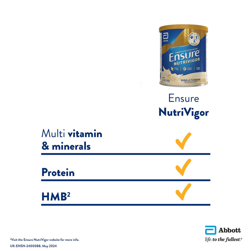 Ensure NutriVigor Nutritional Shake – Vanilla Flavour – 400g – Food Supplement with Protein, HMB & 27 Vitamins & Minerals – Supports Strength, Energy & Immunity – With Vitamin D, C & B