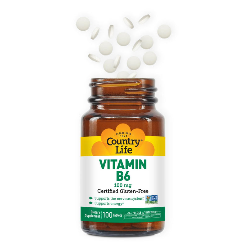Country Life Vitamin B6 100 mg, High Potency, 100 Tablets | Supports energy metabolism and nervous system function; vegan, gluten-free and Non-GMO Project Verified B-6 Unflavored 100 Count (Pack of 1)