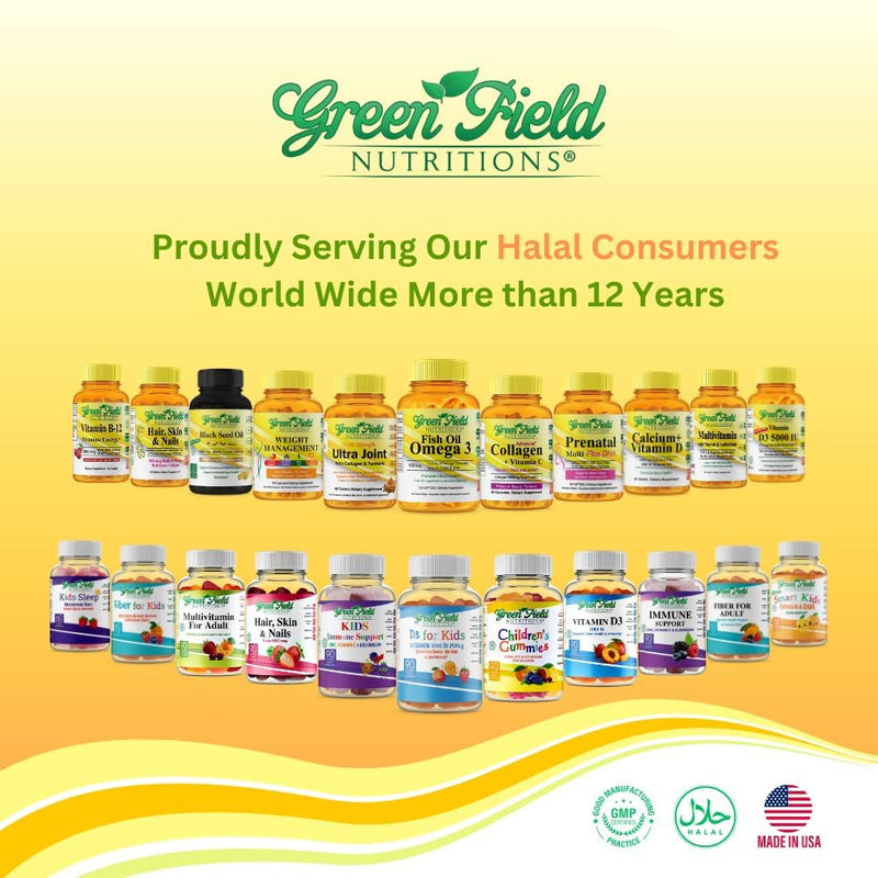 Greenfield Nutritions Halal Vitamin D3 for Kids – 1000 IU – 90 Gummies | Chewable Kids Vitamin D Supplement Supports Bone and Immune System | Non-GMO, Gelatin-Free, Gluten-Free