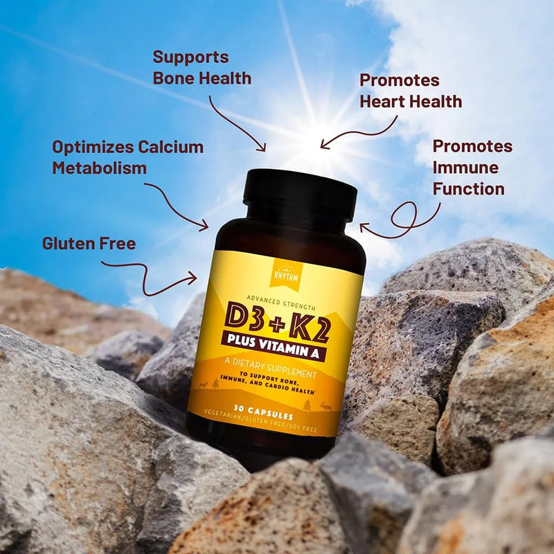 Natural Rhythm Vitamin D3 5000 IU + K2 MK-7 Plus Vitamin A – Bone & Immune Support Supplement, Supports Calcium Absorption & Cardiovascular Function, Vegetarian Capsules (30 Count)