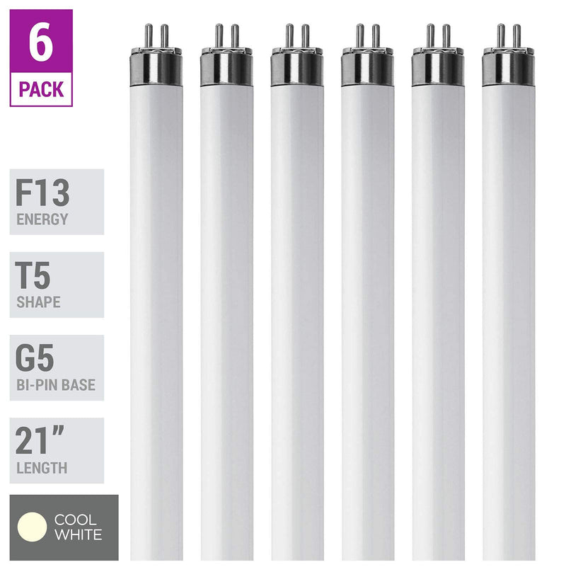 [Australia] - F13T5CW – T5 21 Inch Under Counter Fluorescent Bulbs Cool White 4100K 13-Watt F13T5/CW 21” CW Long Life Replacement Tubes for Under Cabinet Lights – Pack of 6 Bulbs Cool White (4100k) 