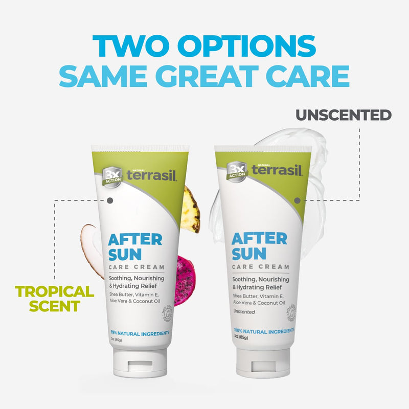 terrasil After Sun Care Lotion with Aloe Vera, Tropical Scent, 3oz | Soothing Sunburn Relief. Aloe Vera, Shea Butter, Coconut Oil & Vitamin E. Nourishing Natural Body Lotion 3 Ounce (Pack of 1)