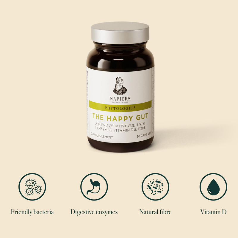 Napiers Phytologic Happy Gut Capsules - Probiotics for Gut Health with 20 Billion CFU & Digestive Enzymes - Gut Health Supplement with Vitamin D - 60 Capsules