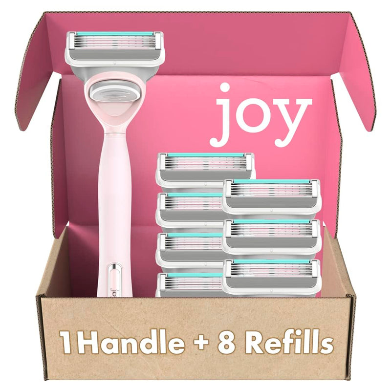 joy Razors for Women, 1 Handle, 8 Razor Blade Refills, Pink, Lubrastrip to Help Avoid Skin Irritation 1 handle + 8 refills