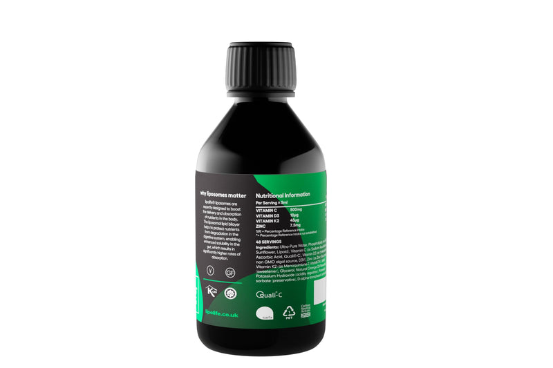 Liposomal Vitamin C, D3, K2 Plus Zinc. Liquid Immune Support with high Absorption. Orange Flavour, Vegan. Made in the UK. lipolife liposomal Supplements, #1 scientifically Proven.