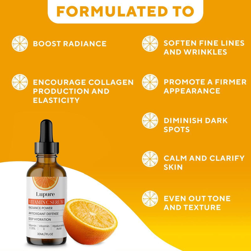 Lupure Professional Vitamin C Face Serum 20%, Anti Aging Facial Super Vit C Serum with Ascorbic Acid Hyaluronic Acid & Vitamin E for Dark Spots, Skin Care, Christmas Gift & Stocking | 1 Fl. Oz 1 Fl Oz (Pack of 1)