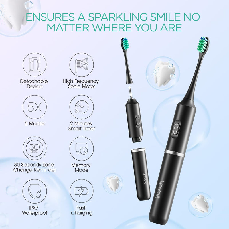 VOYOR-Health Travel Electric Toothbrush, Rechargeable Toothbrushes for Adults, Portable Sonic Toothbrush with 5 Modes, Three-Section Detachable Design with Travel Case ET410 (Black) Black