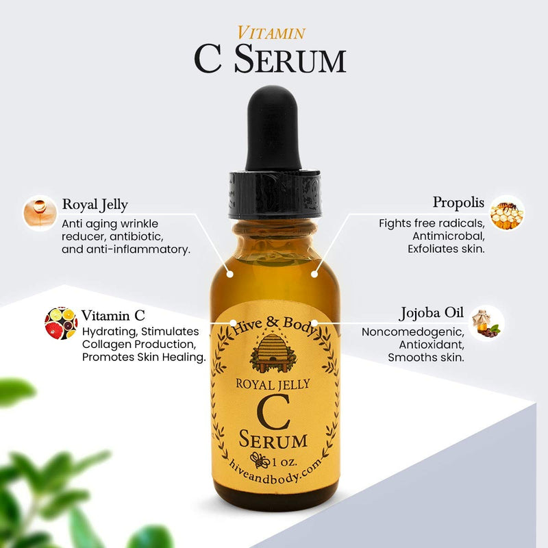 Hive & Body Vitamin C Facial Serum with Royal Jelly, Jojoba Oil, and Propolis Locally Sourced by California Family Owned Bee Farmers with All Natural Ingredients 1 fl oz