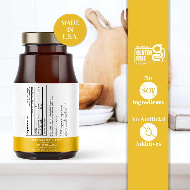 Vitamin C Supplement 500mg with 25mg Bioflavonoids, Ascorbic Acid–Immune, Antioxidant Support – No Soy, Gluten-Free, No Additives, Bioavailable Ingredients, Third-Party Tested (60 Softgels)