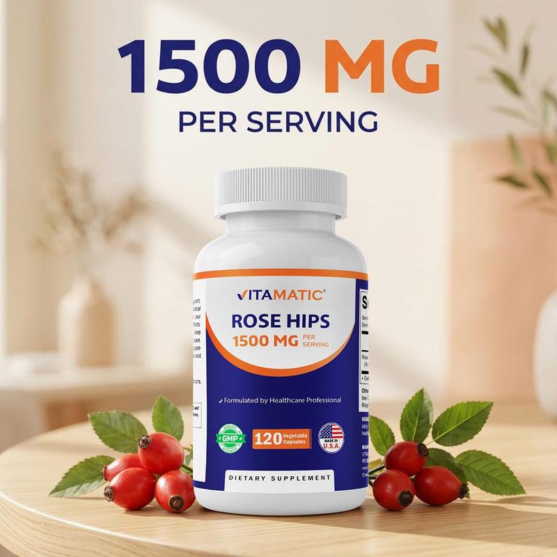 Vitamatic Rose Hips 1500 mg per Serving (Rosa Canina) – 120 Capsules – Non-GMO, Gluten Free Herbal Supplement – Rich in Natural Vitamin C & Antioxidants – Immune Support – Made in USA