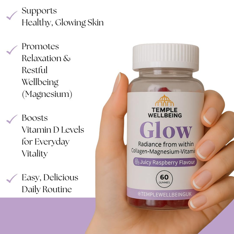 Glow Collagen Gummies | High-Strength Type 1 Hydrolysed Collagen with Magnesium & Vitamin D | Skin, Hair & Nail Support | Delicious Juicy Raspberry Flavour | 60 Chewable Gummies