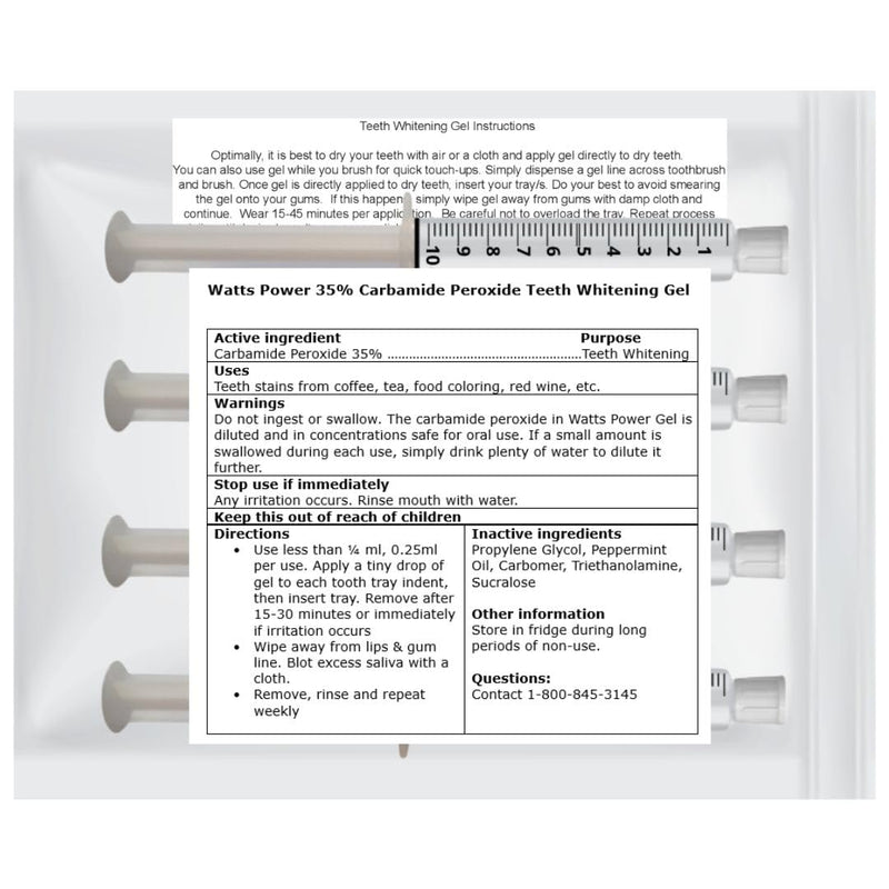 [Australia] - Watts Power 35% Dual Action Teeth Whitening Gels Huge 10ml - 4 Huge 10ml Gels Plus Aftercare Gel - Optimized OTC Dual Action for Surface and Deep Stains for Quick Results - Made in The USA - Kosher 