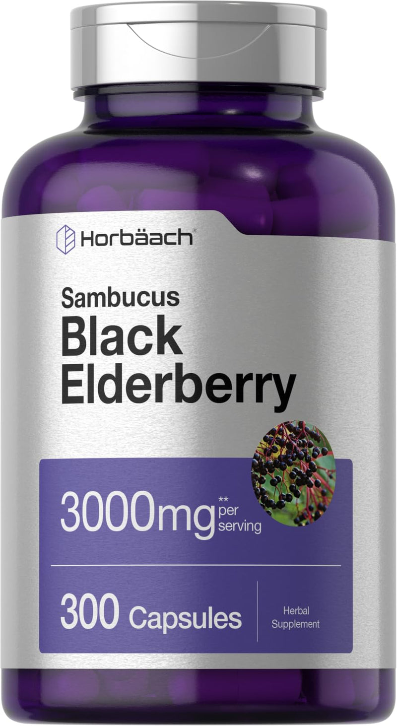 Horbäach Black Elderberry | 3000mg Capsules | 300 Count | Non-GMO, Gluten Free | Sambucus Supplement 300 Count (Pack of 1)