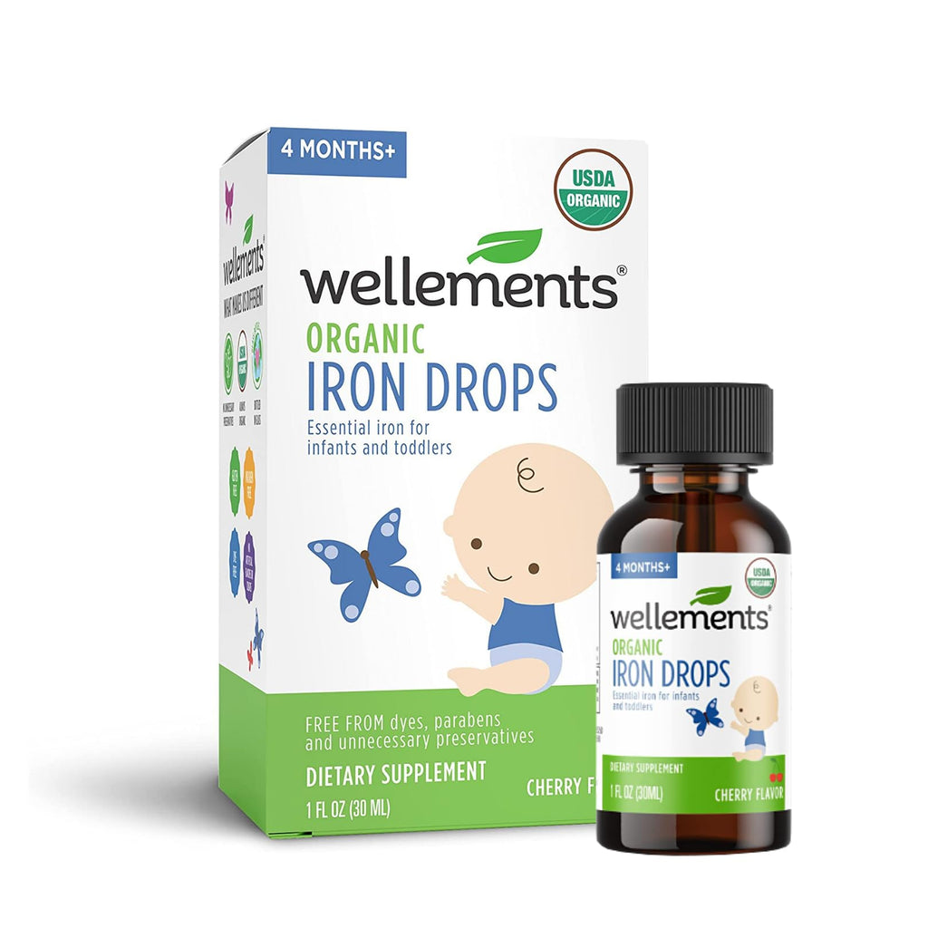 Wellements Organic Iron Drops for Babies | Essential Liquid Iron Supplement for Infants & Toddlers, USDA Certified Organic, Cherry Flavor | 4 Months+, 1 Fl Oz