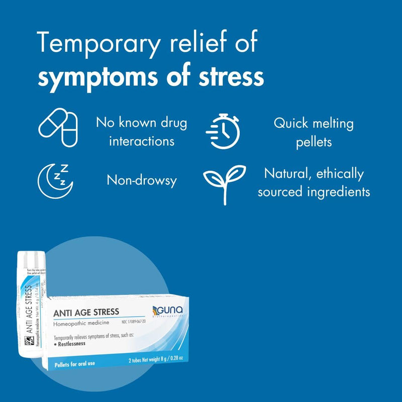 Guna Anti Age Stress Natural Homeopathic Remedy for theTemporary Relief of Symptoms of Stress, Such as restlessness. - 2 Tubes