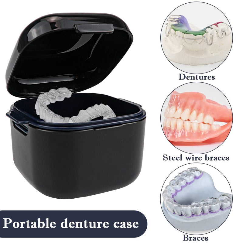 Denture Soak Container, Portable Denture Bath Box Cup, No-Leak Denture case,Retainer Cleaning Box Complete Clean Care for Dentures, Clear Braces, Mouth Guard, Night Guard & Retainers(Black) Black