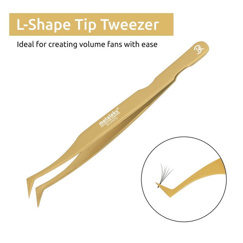 12cm Professional Golden Tweezers for Eyelash Extension Hand Crafted Japanese Stainless Steel Precision Tweezers (L-Shape Tip.) L-Shape Tip.