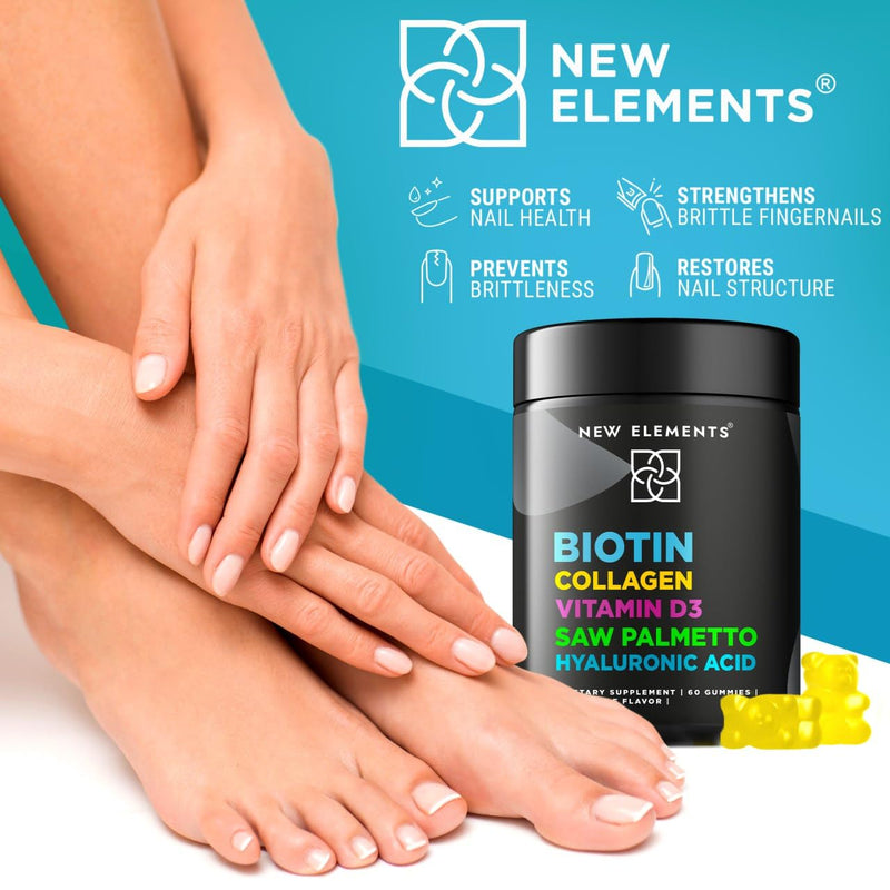 New Elements Biotin Gummies with Collagen Vitamin D3 Saw Palmetto & Hyaluronic Acid for Hair Skin and Nails, Hair Growth Supplement for Men & Women | Non-GMO | Gluten-Free | Natural Pineapple Flavor 60 Count (Pack of 1)