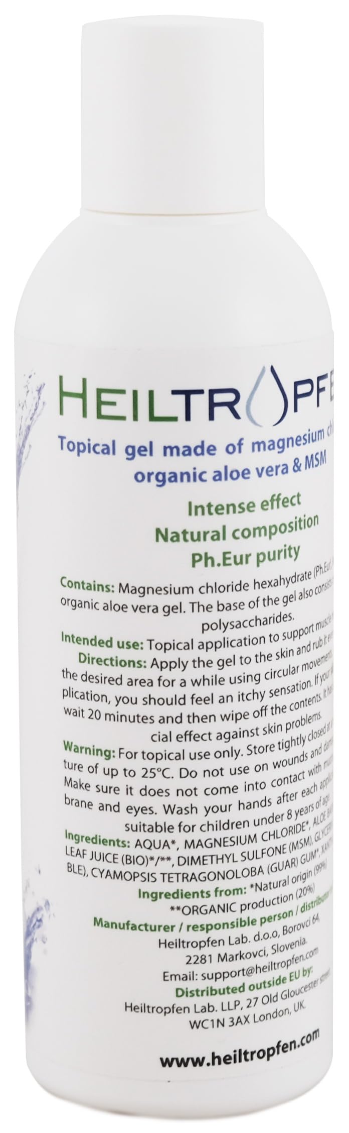 1x Magnesium Gel with Aloe Vera & MSM | 6.76 Oz - 200 ml | Pure Magnesium Chloride | Organic Aloe Vera | Soothes and Relaxes Muscles | Heiltropfen®