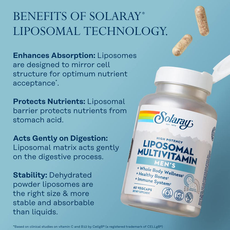 SOLARAY Liposomal Multivitamin for Men, Enhanced Absorption Immune, Energy & Bone Support, Mens Daily Multi Vitamin, BCAAs, Vitamin D3, C, B12, Zinc, Vegan, Soy Free, 30 Serv, 60 VegCaps | Men's Daily Multivitamin, Enhanced Absorption, Vitamins, Minera...
