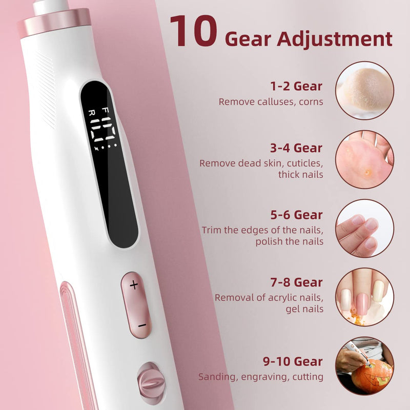 [Australia] - Manicure Pedicure Set Wireless Portable, 2 in 1 Heartyfly Manicure Set Electric & Pedicure Set Foot Care Electric, USB Rechargeable 10 Levels Adjustable 15 Bits, LED Light LCD Display White 